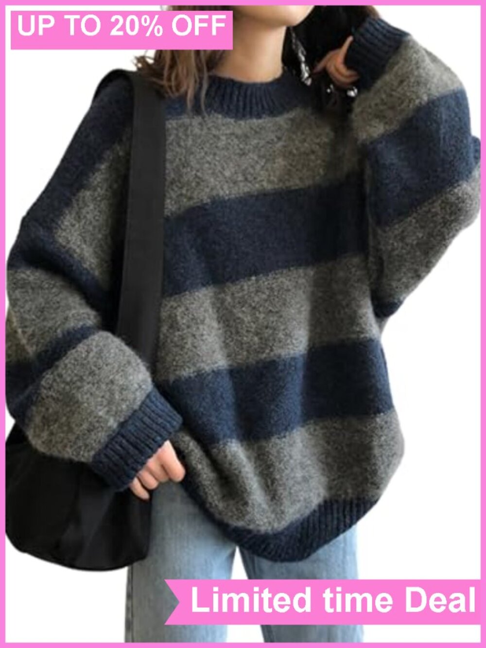 Women's Oversized Striped Knit Sweater Long Sleeve Crewneck Pullover